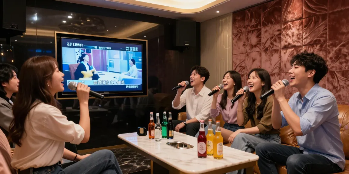 강남가라오케의 프리미엄 룸에서 친구들이 즐겁게 노래 부르며 프리미엄 음료와 함께하는 즐거운 분위기