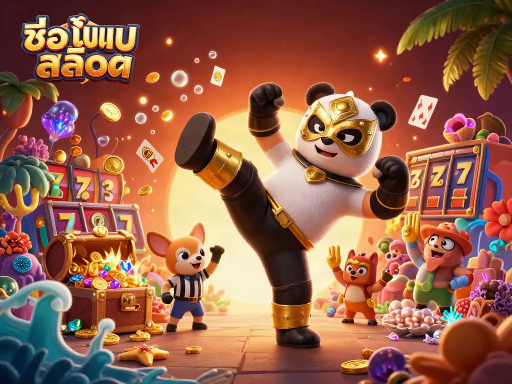Engaging illustration of ชื่อเกมสล็อต featuring a luchador panda, referee chihuahua, and lively animal spectators at a dynamic casino scene.