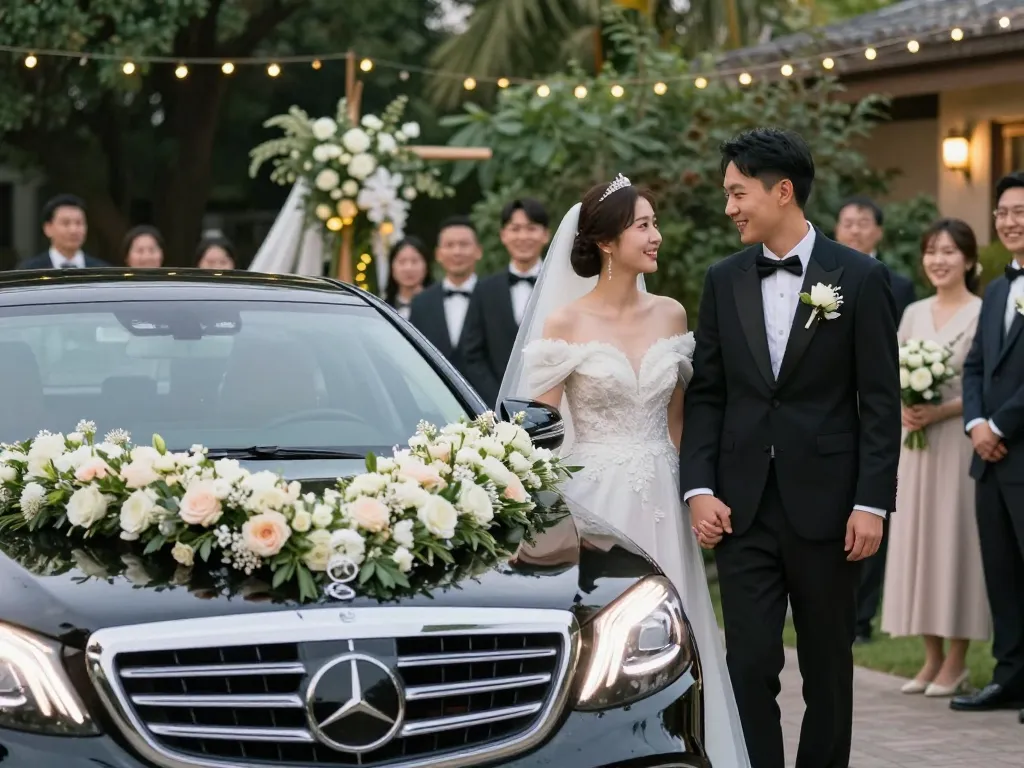 Trải nghiệm sự sang trọng của việc thuê xe cưới Mercedes trong bối cảnh đám cưới đẹp với cô dâu và chú rể.