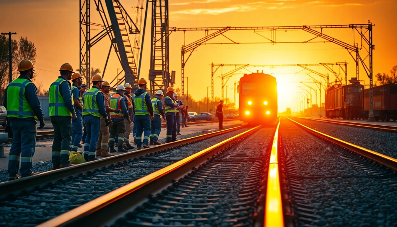 Emergency RailroadRepair crew performing essential maintenance in a dramatic sunset.