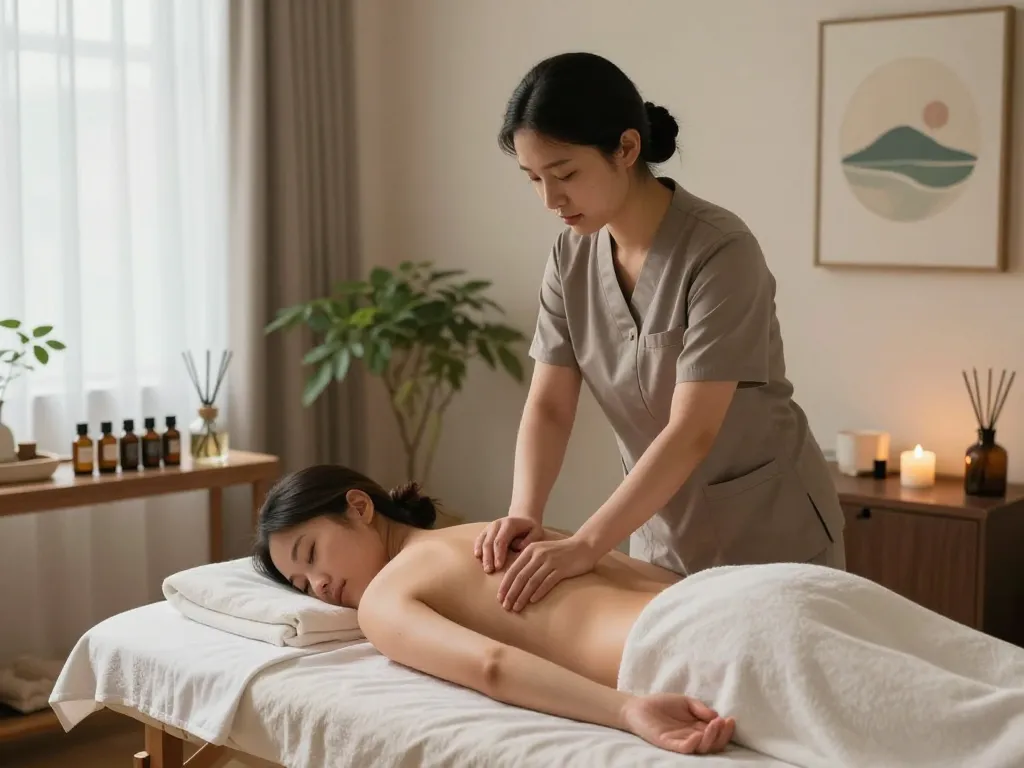 Relaxing 부전동마사지 session in a calming therapy room with essential oils and soft lighting.