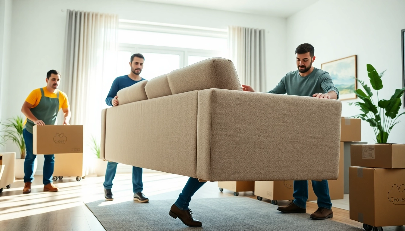 Experienced Furniture Movers carefully transporting a sofa in a bright living room setting.