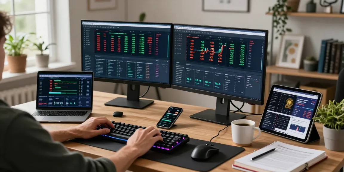 Bitcoin mining online workspace featuring advanced crypto tracking and monitoring tools in a modern office setting.