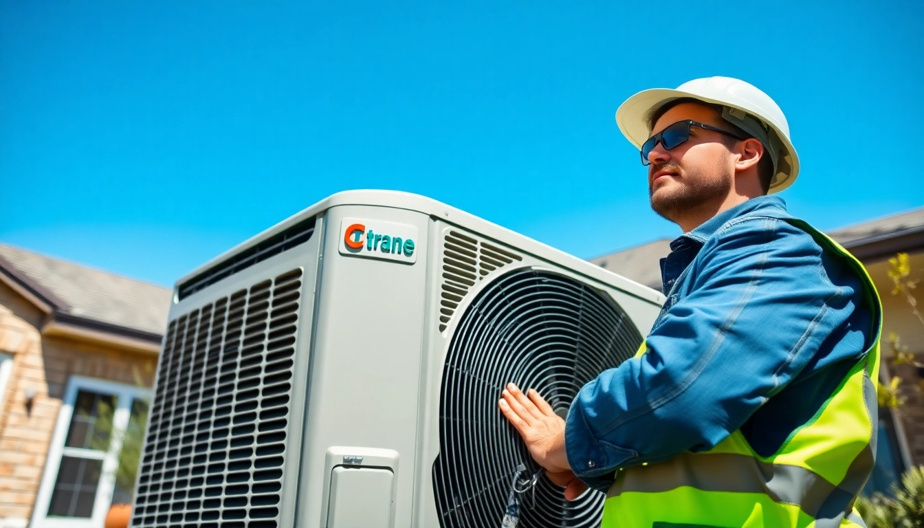 HVAC technician servicing a Trane air conditioning unit highlighting its advanced features.