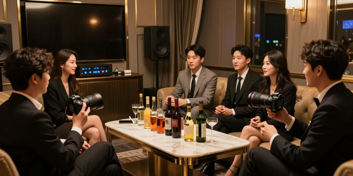 강남쩜오에서 프라이빗하고 고급스러운 노래방 공간을 즐기는 모습, 고급 음향 장비와 세련된 인테리어가 조화를 이루고 있습니다.