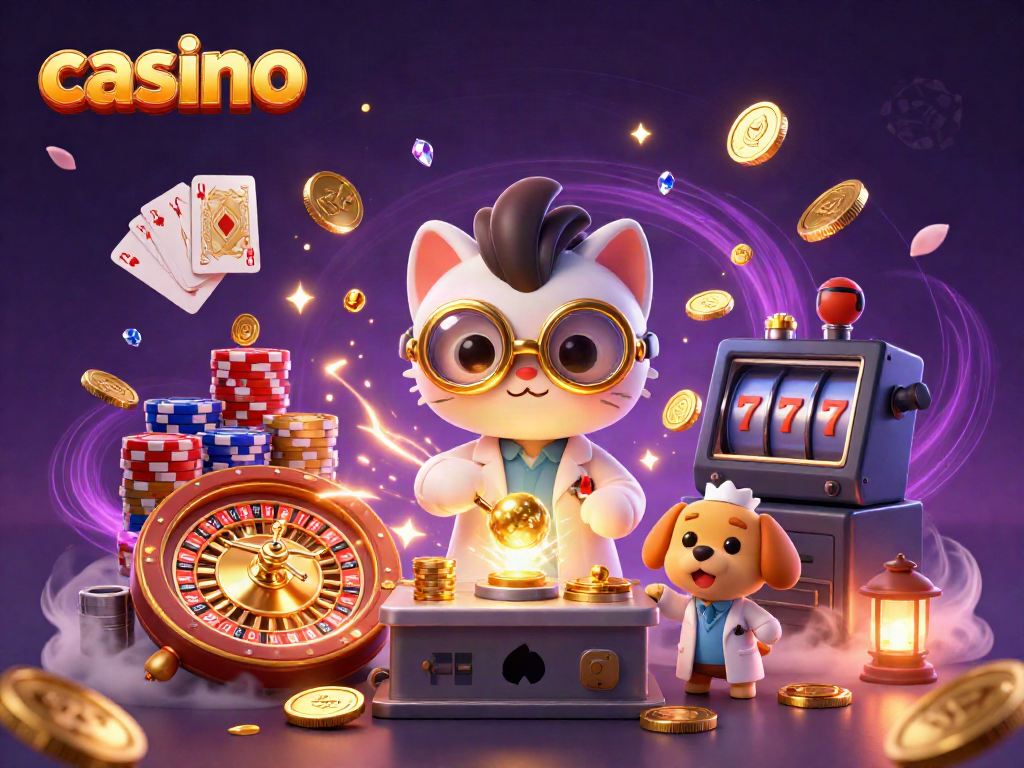 Experience the excitement of a casino with a playful 3D illustration featuring a mad scientist cat and his assistant.