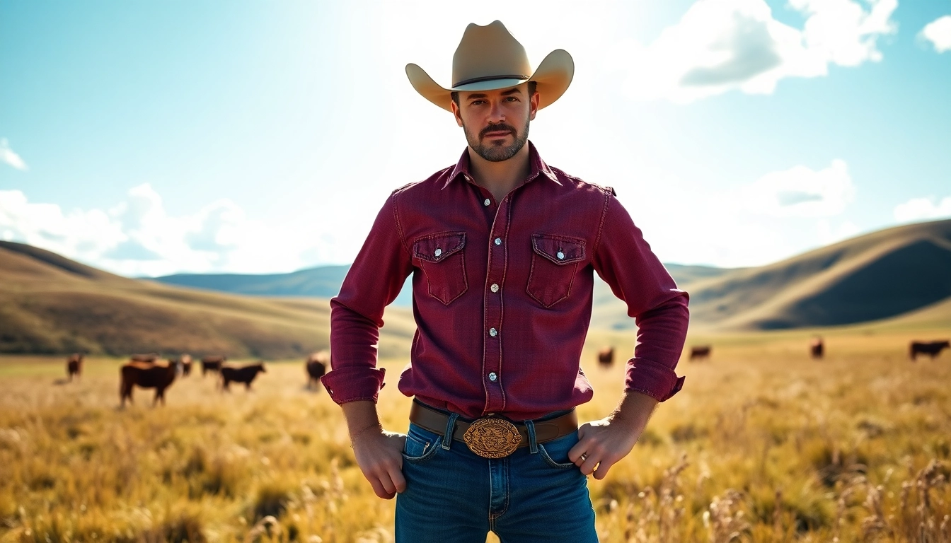 A rugged cowboy shirt Canada showcased on a proud cowboy amidst a vibrant prairie scene.