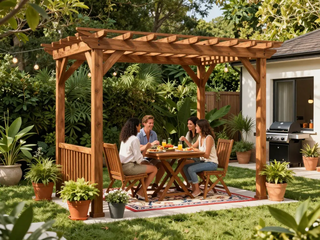3D pergola in a cozy backyard setting with people enjoying a meal