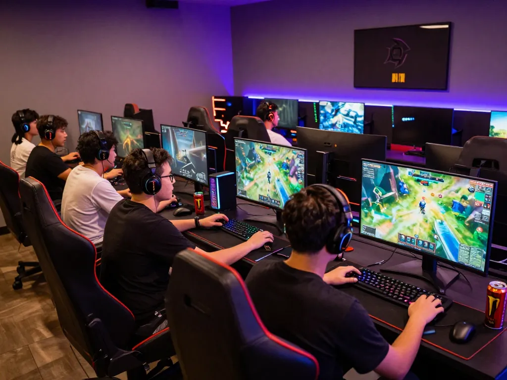 Gamers enjoying their favorite games on the AUTOWIN88 platform in a vibrant gaming lounge.