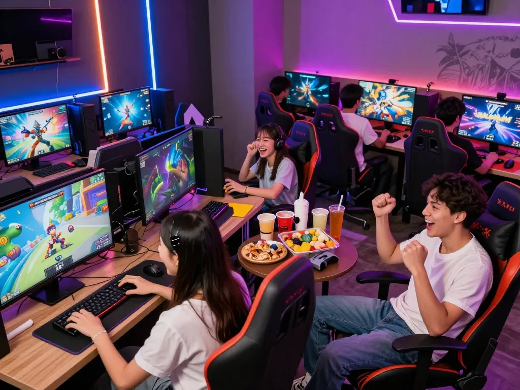 Friends enjoying immersive xxx games in a colorful gaming lounge.