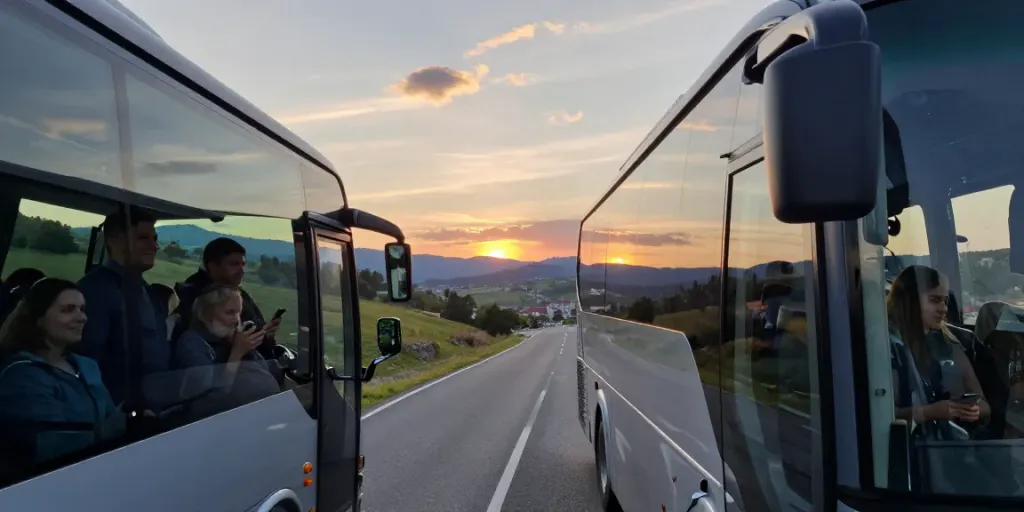 Transport internațional Moldova cu autobuze moderne și pasageri fericiți călătorind prin peisaje europene
