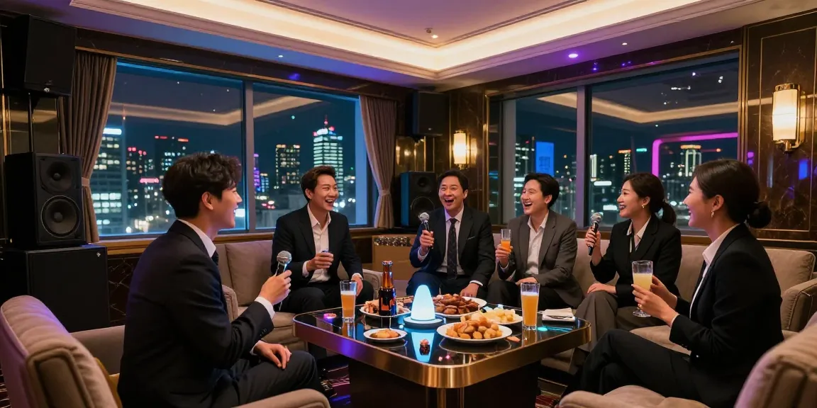 강남쩜오 프리미엄 룸에서 비즈니스 모임을 즐기는 사람들, 고급스러운 분위기와 세련된 장식이 돋보입니다.