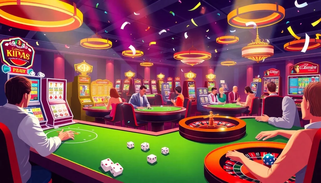 KJC AC casino scene with players enjoying poker and blackjack.