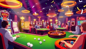 KJC AC casino scene with players enjoying poker and blackjack.