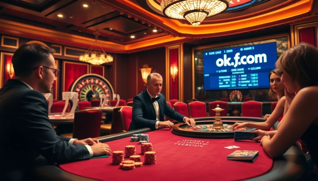 Experience the excitement of gambling at okfun.com with thrilling poker action at a luxury casino table.