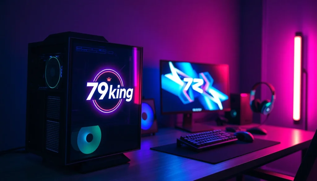 Showcase of a professional gaming setup with 79king logo illuminated on the monitor.