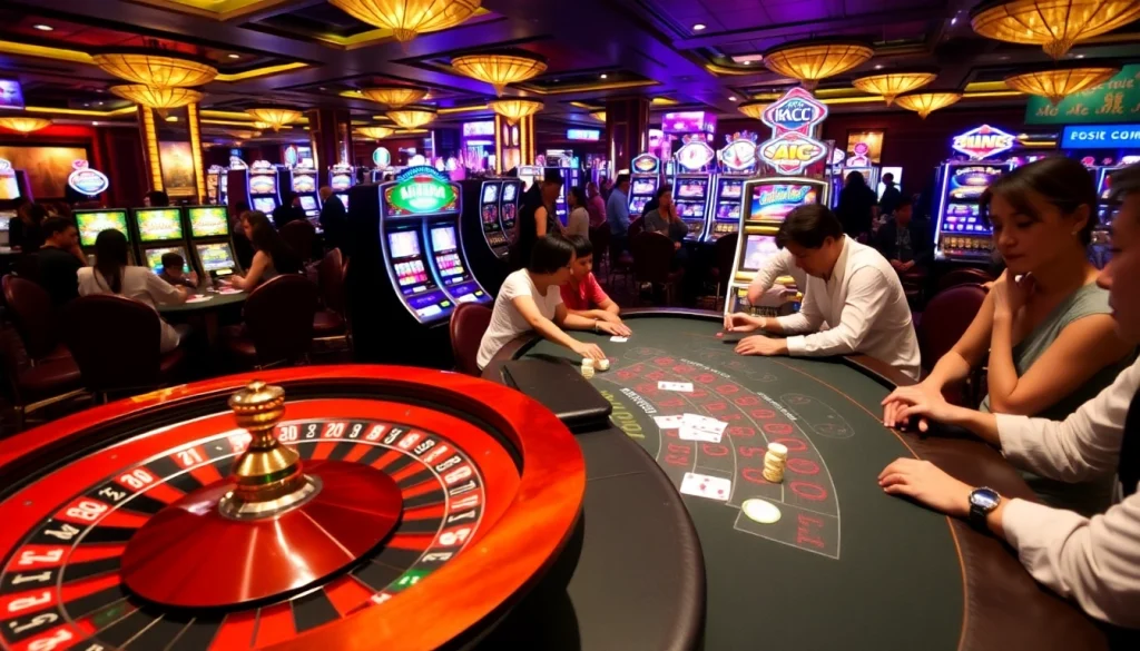 KJC AC casino gaming environment with roulette, poker, and slot machines.