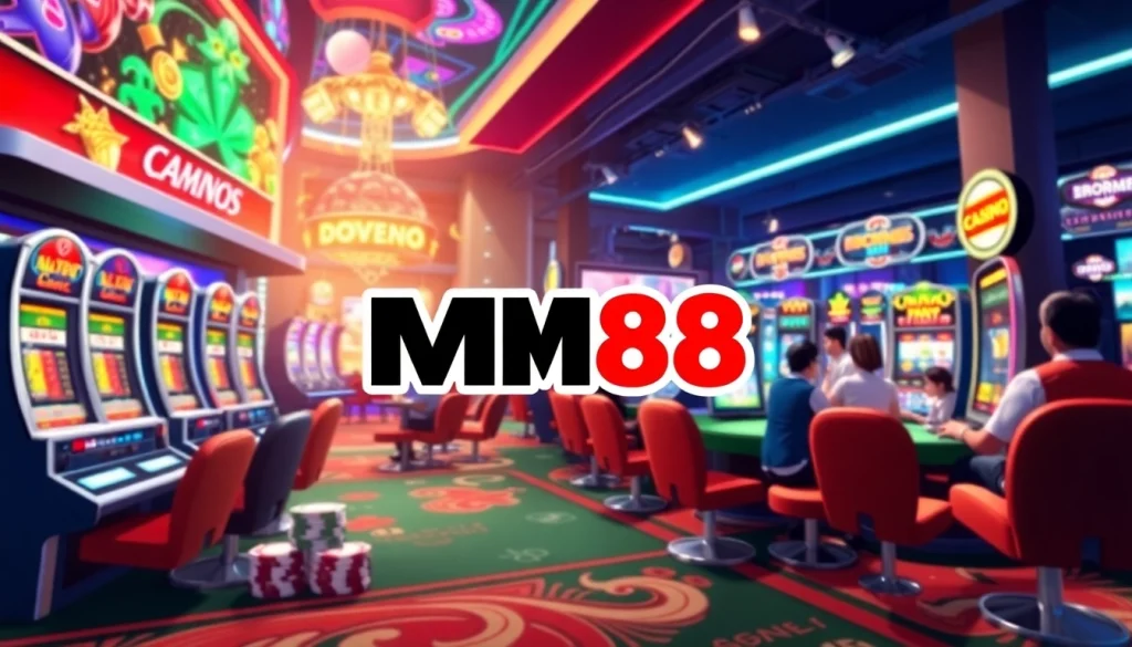 Experience the electrifying world of MM88 with vibrant gaming elements in a modern casino setting.