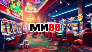 Experience the electrifying world of MM88 with vibrant gaming elements in a modern casino setting.