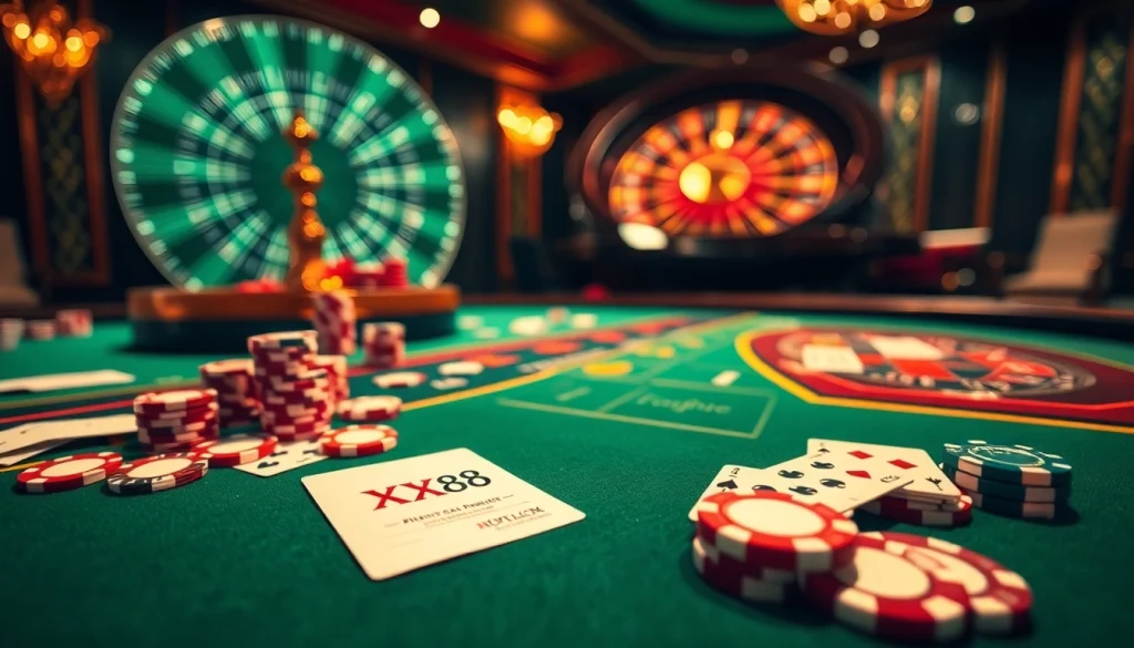 Experience the excitement of XX88 with poker chips and cards at a vibrant casino table.