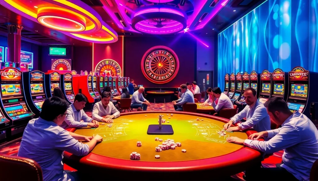 KJC AC casino scene with players at tables and colorful slot machines, embodying the ultimate gambling experience.