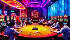 KJC AC casino scene with players at tables and colorful slot machines, embodying the ultimate gambling experience.