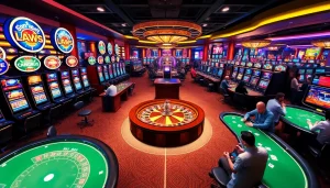 Dynamic casino scene at KJC AC featuring slot machines, poker tables, and roulette wheels.