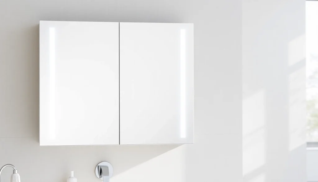 Spiegelschrank mit LED Beleuchtung seamless integrated into modern bathroom, enhancing stylish space.