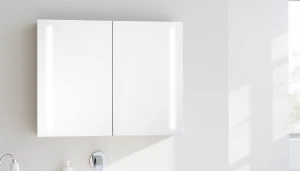 Spiegelschrank mit LED Beleuchtung seamless integrated into modern bathroom, enhancing stylish space.