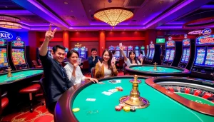 KJC AC vibrant casino environment with poker tables, slot machines, and roulette wheels.