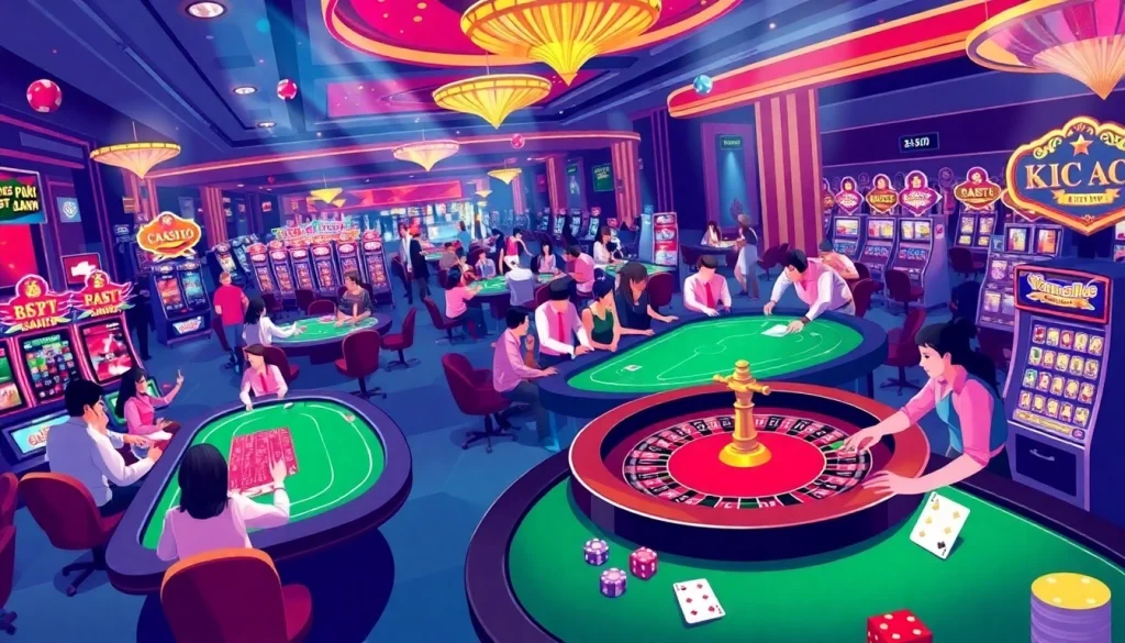 Exciting gambling scene at KJC AC with roulette tables and slot machines.
