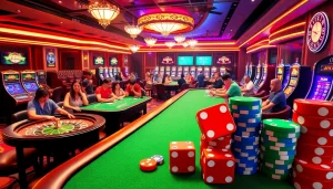 Casino scene with players enjoying games like poker and roulette at KJC AC, showcasing excitement and engagement.