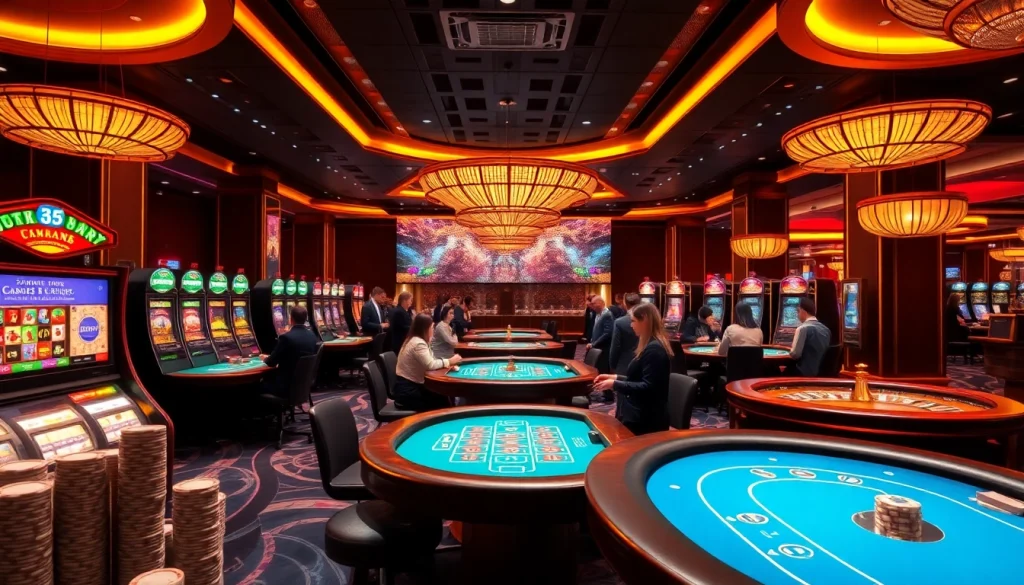 A vibrant casino floor showcasing KJC AC’s gaming options with exciting tables, roulette wheels, and slot machines.