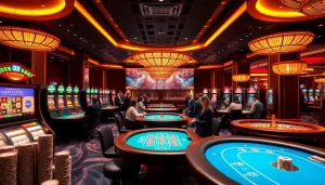 A vibrant casino floor showcasing KJC AC’s gaming options with exciting tables, roulette wheels, and slot machines.