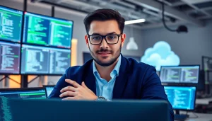 Implementing PowerShell automation for IT compliance in a modern office setting with multiple displays.