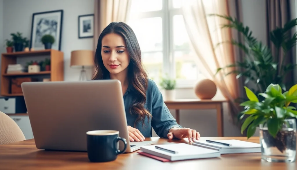 Using 谷歌邮箱, a professional interacts with a laptop in a modern home office setting.