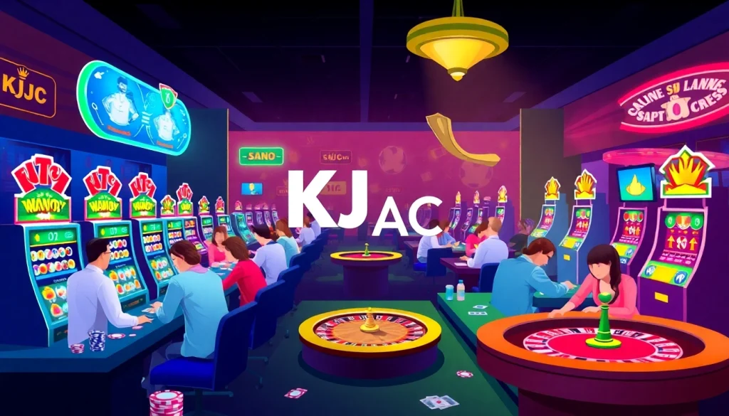 Engaging casino atmosphere with KJC AC branding, featuring players at tables and vibrant slot machines.