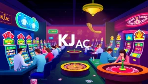 Engaging casino atmosphere with KJC AC branding, featuring players at tables and vibrant slot machines.