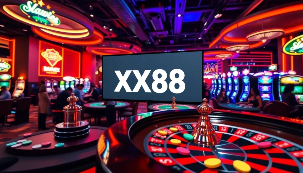 Experience the excitement of XX88 as gamblers cheer around a roulette wheel and blackjack tables in a modern casino.