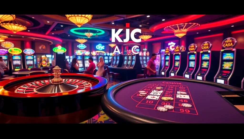 A lively casino scene with poker tables, roulette wheels, and slot machines representing KJC AC's gaming excitement.
