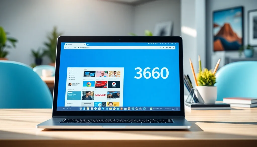 Showcasing 360浏览器 features on a laptop in a bright modern workspace.