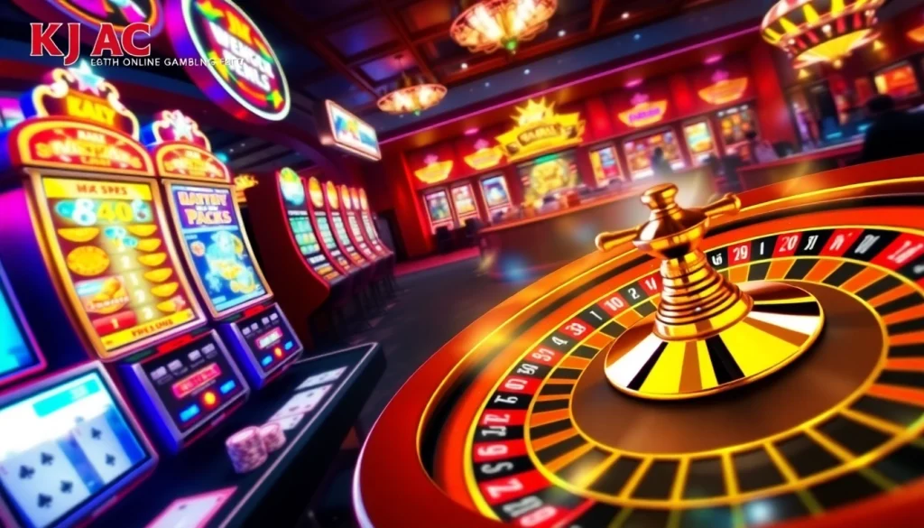 A dynamic gambling scene highlighting KJC AC's vibrant casino tables, slot machines, and roulette wheels.