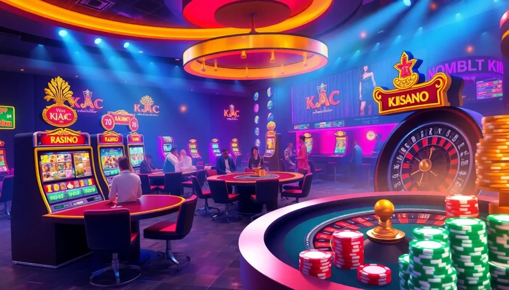 Vibrant casino scene featuring KJC AC with poker tables and slot machines.