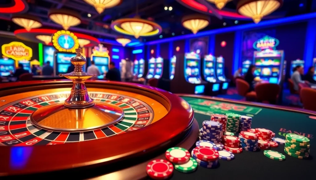 A thrilling casino experience at KJC AC featuring roulette tables and vibrant slot machines.