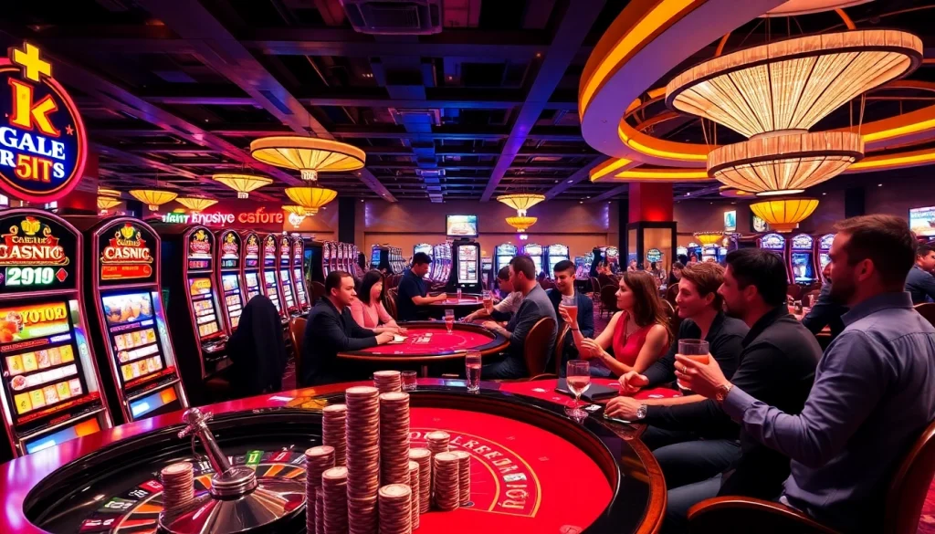 Exciting casino atmosphere at KJC AC featuring poker tables, slot machines, and roulette wheels.