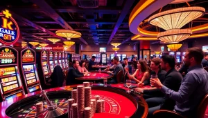 Exciting casino atmosphere at KJC AC featuring poker tables, slot machines, and roulette wheels.