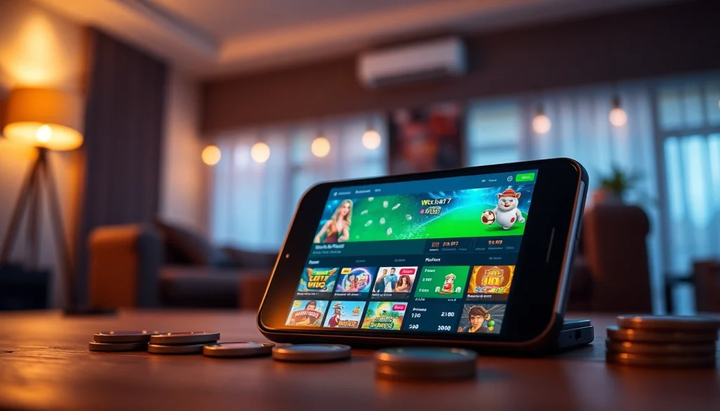 AF88 online gambling platform displayed on a smartphone, showcasing vibrant game graphics and tokens.