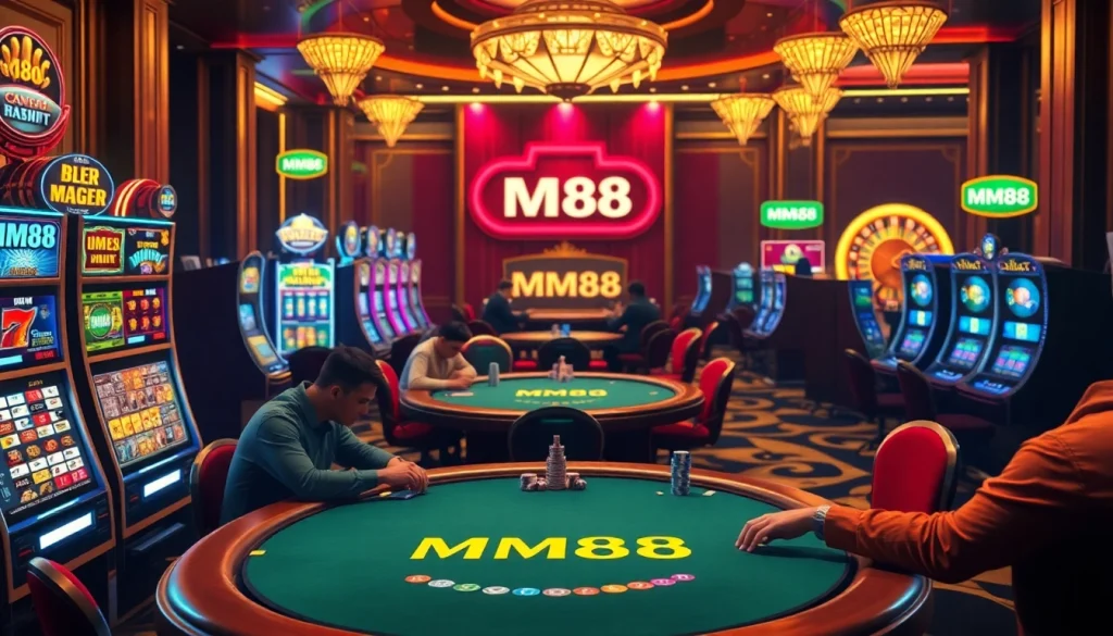 MM88 gaming experience featuring lively casino tables, slots, and poker action.