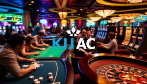 KJC AC casino scene filled with poker chips, slot machines, and energetic players enjoying gaming tables.