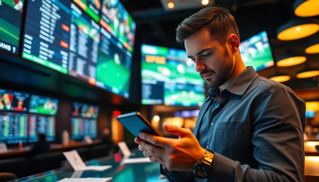 Engaged bettor using best sportsbooks in Mexico on a mobile device in a vibrant sportsbook environment.